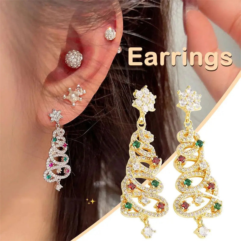 New Full Inlaid Colorful Zircon Christmas Tree Tassel Earrings Women&