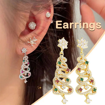 New Full Inlaid Colorful Zircon Christmas Tree Tassel Earrings Women&