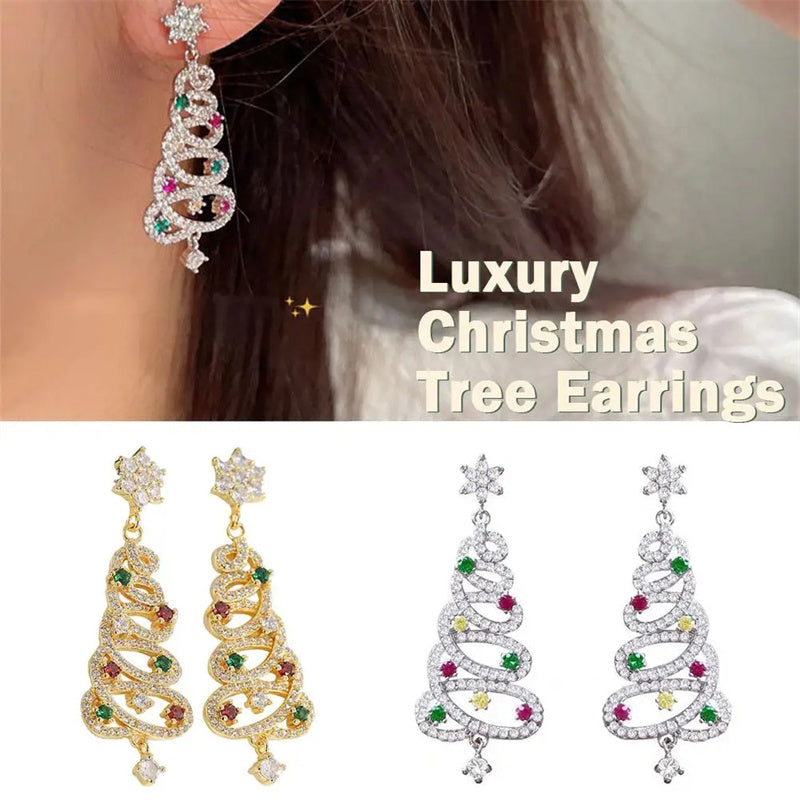 New Full Inlaid Colorful Zircon Christmas Tree Tassel Earrings Women&