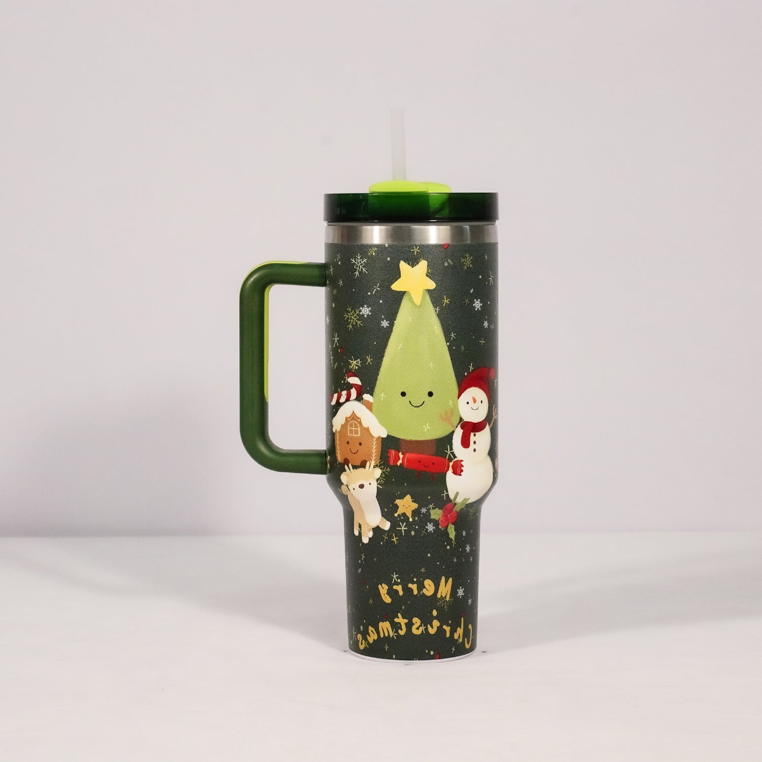 New Christmas Pattern Mug With Handle Lid Straw Drinkware Stainless Steel Vacuum Tumbler Large Capacity Car Travel Coffee Cup